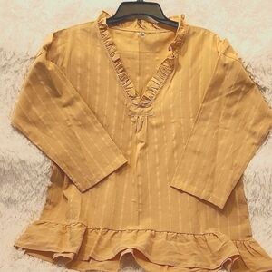 Tan Blouse with light pinstripes throughout with Ruffles